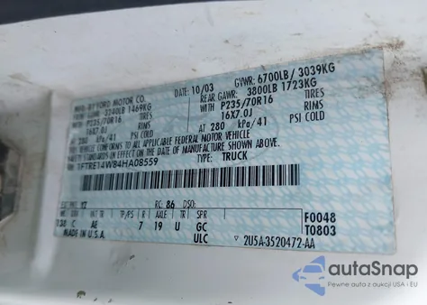 2004 Ford E-150 Commercial/Recreational from USA, damaged, VIN 1FTRE14W84HA08559